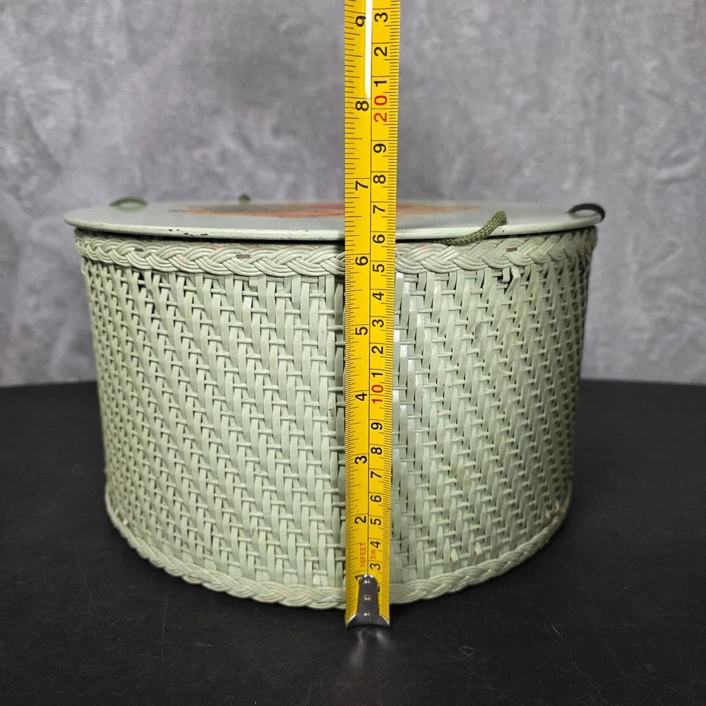 Princess 1950's Vintage Wicker Round Sewing Basket Lid Green Fair Retro Grandma